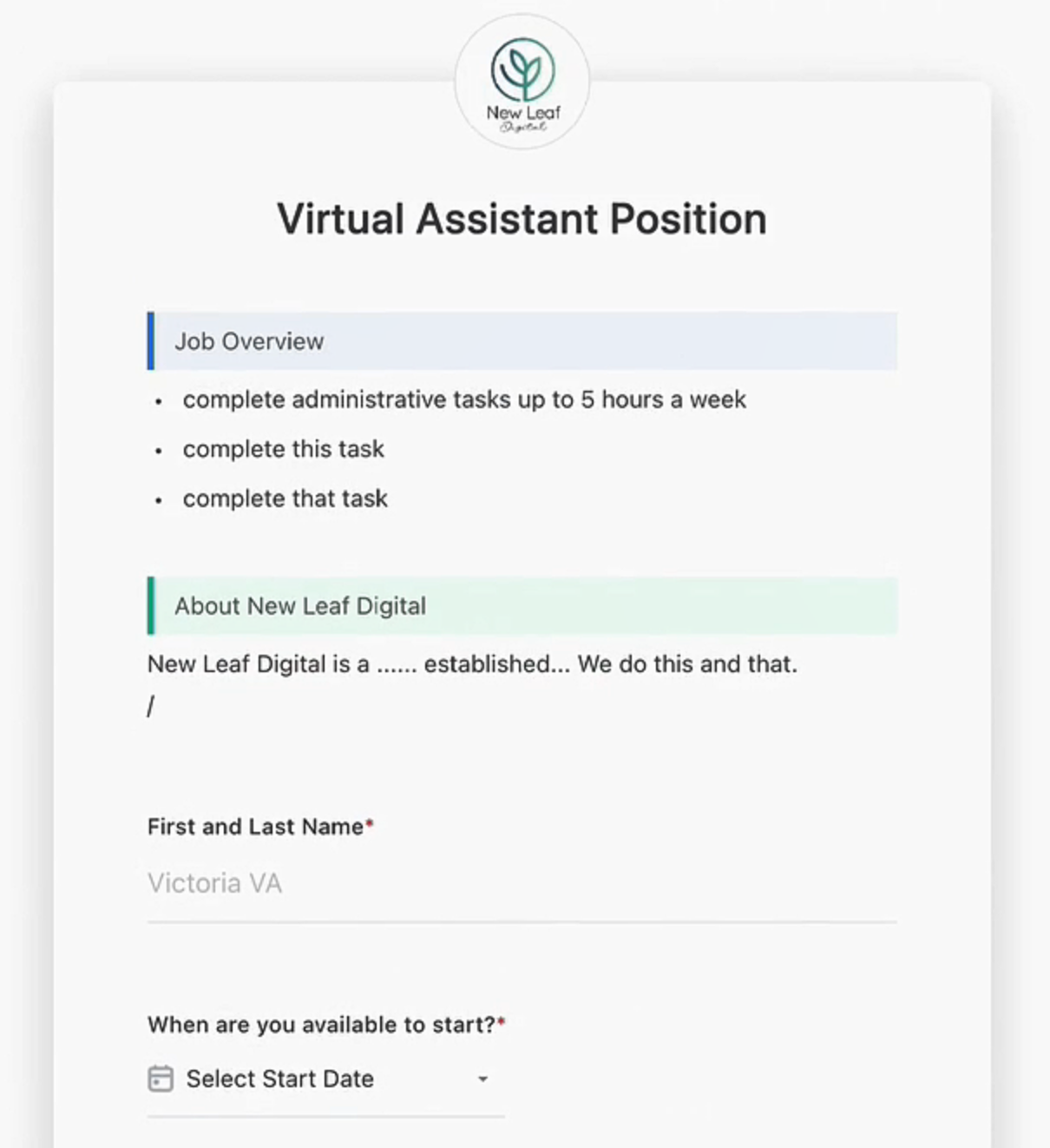 ClickUp Form For Hiring VAs