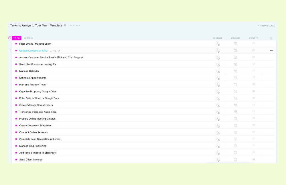 ClickUp list template for delegating to virtual assistant