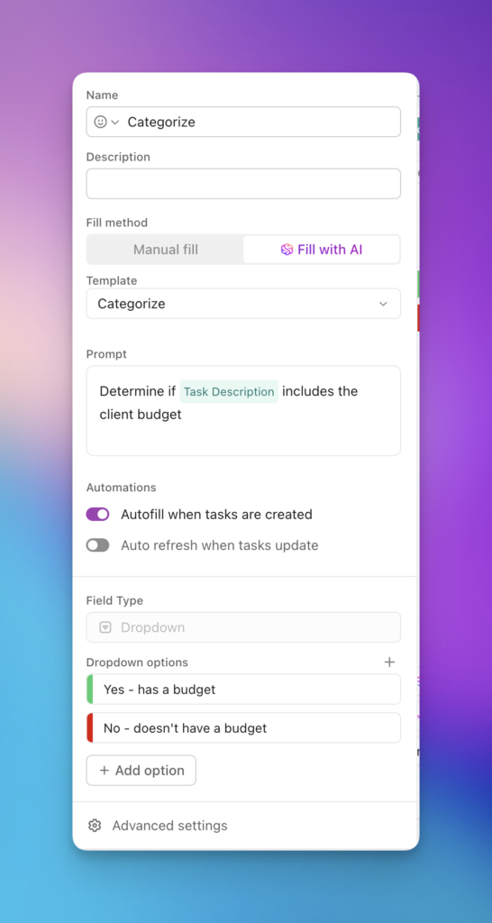 ClickUp AI Dropdown custom field settings